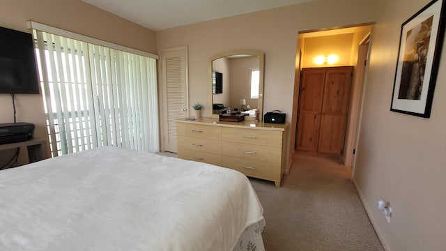 bedroom featuring light carpet and multiple windows