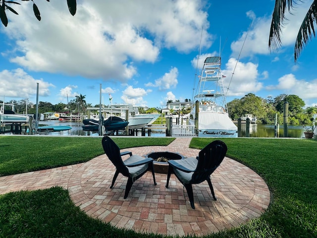 view of patio featuring a boat dock and a water view