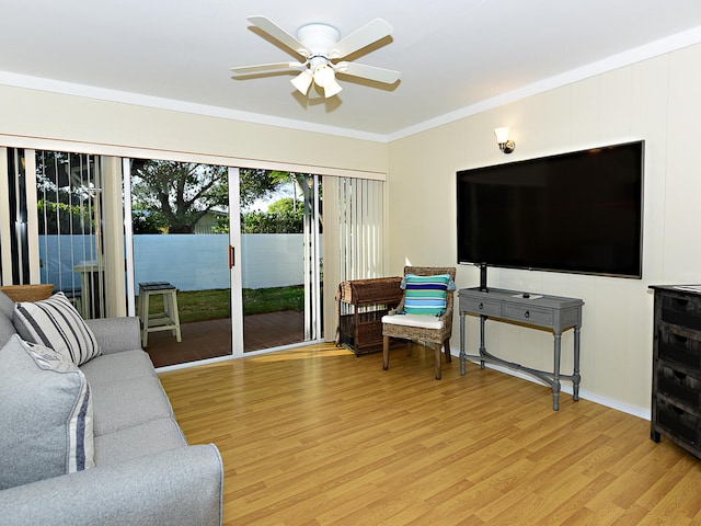 living room with light hardwood / wood-style floors, ceiling fan, and ornamental molding