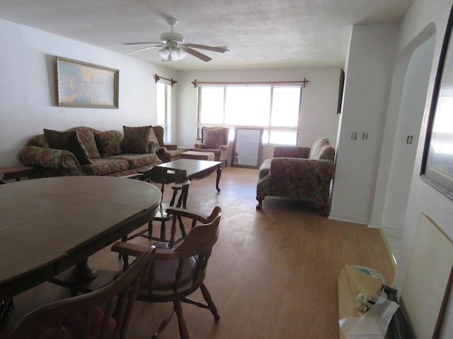 living room featuring ceiling fan, a textured ceiling, and light wood-type flooring