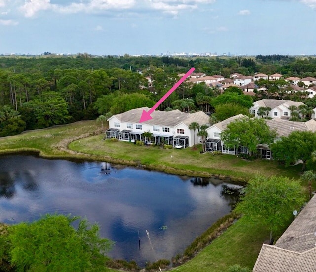 bird's eye view with a water view