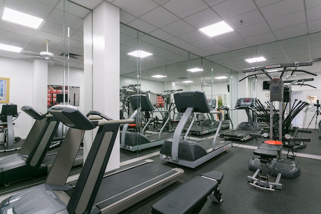 exercise room featuring ceiling fan and a drop ceiling