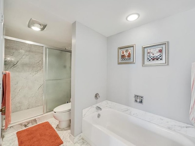 bathroom featuring shower with separate bathtub, toilet, and tile flooring