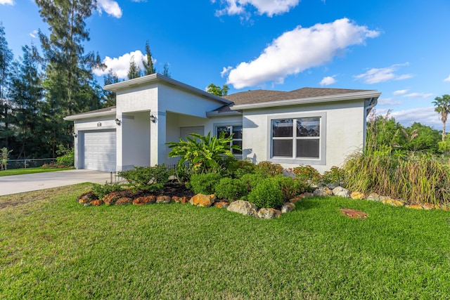 view of front of home featuring a front yard and a garage