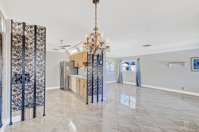 interior space featuring hanging light fixtures, ceiling fan with notable chandelier, light tile flooring, and ornamental molding