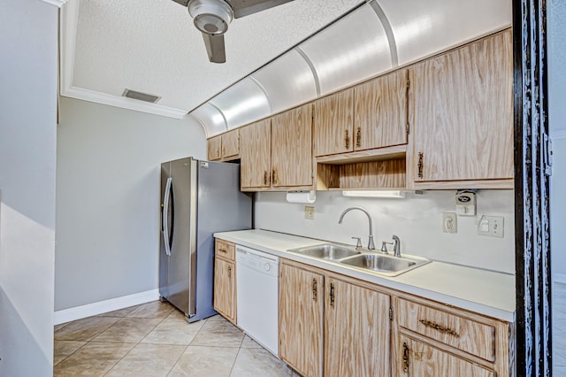 kitchen featuring white dishwasher, light tile flooring, ceiling fan, ornamental molding, and sink