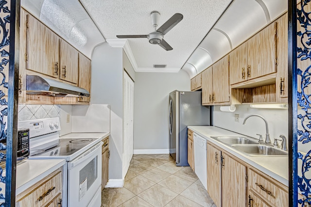 kitchen featuring ceiling fan, light tile flooring, white appliances, sink, and ornamental molding