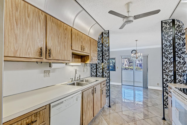 kitchen featuring decorative light fixtures, ceiling fan with notable chandelier, white appliances, sink, and light tile floors