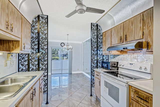 kitchen with pendant lighting, light tile floors, white electric stove, crown molding, and ceiling fan with notable chandelier