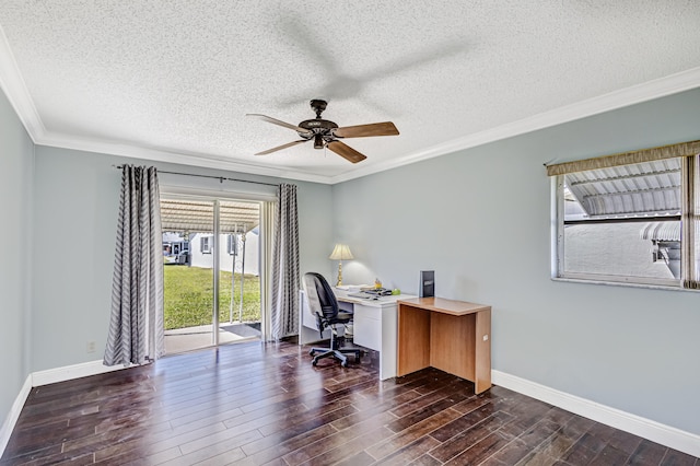 office with ornamental molding, a textured ceiling, ceiling fan, and dark hardwood / wood-style flooring