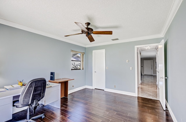 tiled office featuring crown molding, a textured ceiling, and ceiling fan