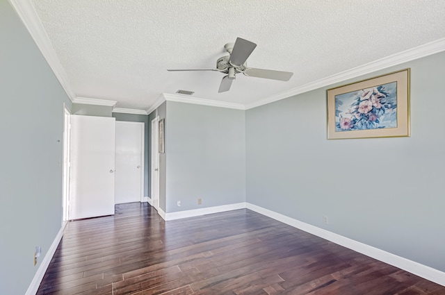 interior space with crown molding, dark hardwood / wood-style floors, and ceiling fan