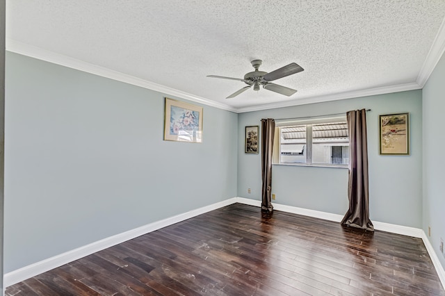 spare room featuring a textured ceiling, ceiling fan, dark hardwood / wood-style flooring, and ornamental molding