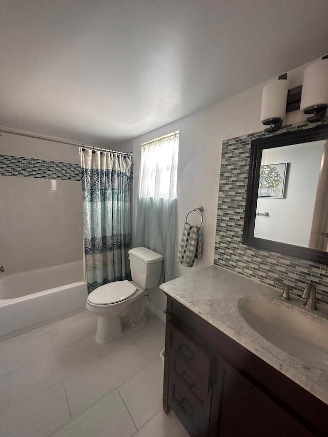 full bathroom with vanity, backsplash, shower / bath combo, tile flooring, and toilet