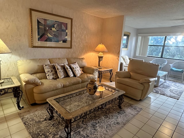 living room with light tile floors and a textured ceiling