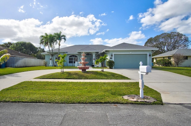 ranch-style home with a front yard and a garage