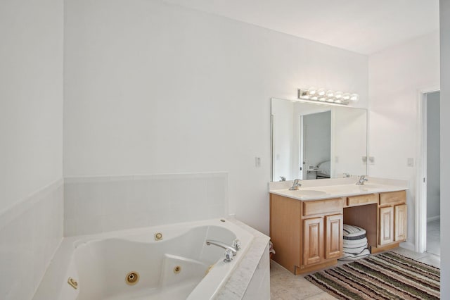 bathroom with dual bowl vanity and tile flooring