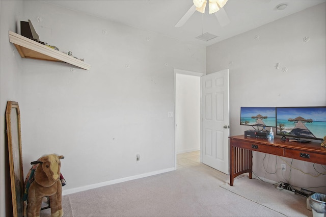 office with ceiling fan and light colored carpet