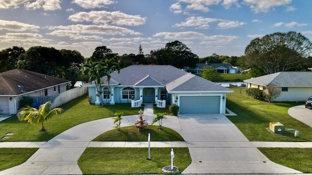 ranch-style house featuring a front yard and a garage