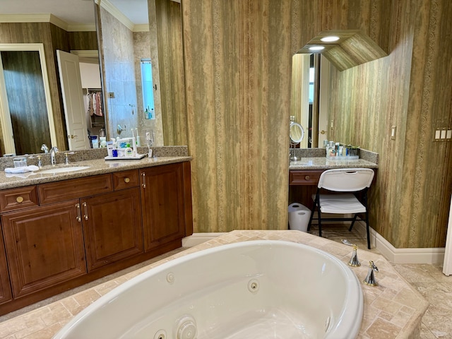 bathroom with crown molding, tile flooring, and vanity