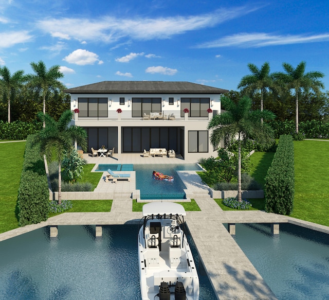 back of house with a lawn, a patio, outdoor lounge area, and a balcony