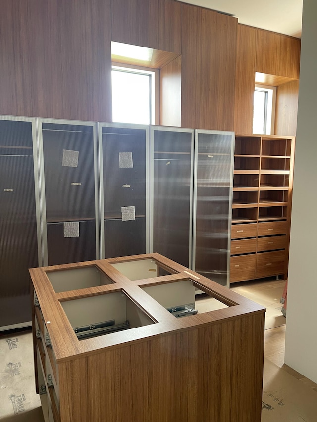 kitchen featuring brown cabinetry, modern cabinets, and a healthy amount of sunlight