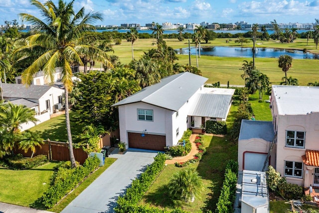 bird's eye view with a water view