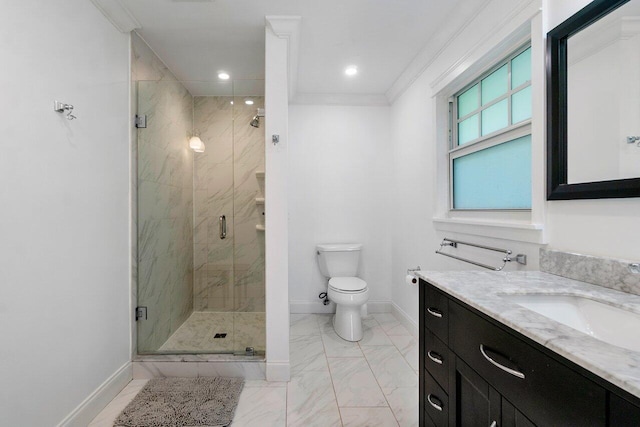 bathroom featuring toilet, a shower with door, vanity, and ornamental molding