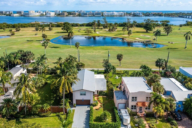 bird's eye view with a water view