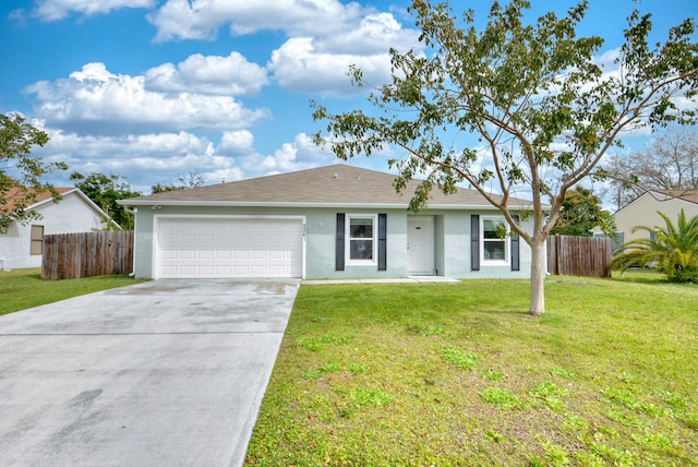 ranch-style house with a front lawn and a garage