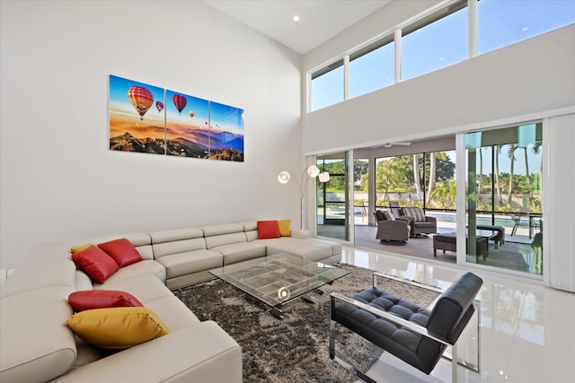 living room with a high ceiling