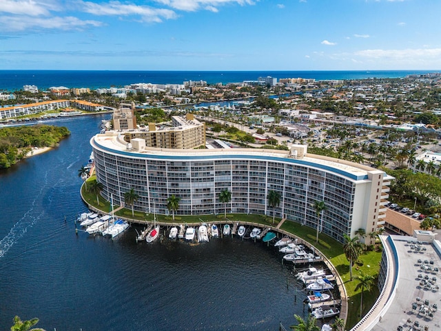 drone / aerial view with a water view