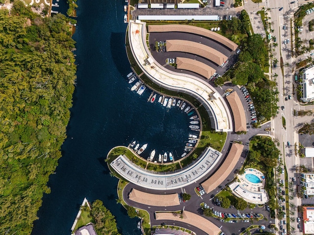 bird's eye view with a water view