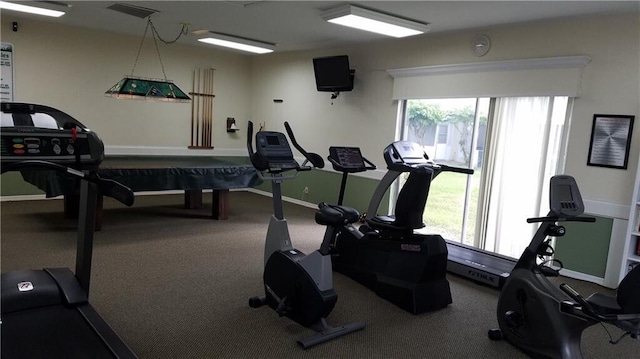 exercise room featuring carpet floors and billiards