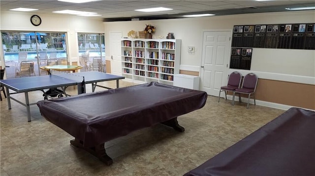 game room featuring a drop ceiling and billiards