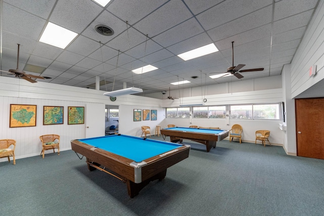 playroom with a paneled ceiling, pool table, and ceiling fan