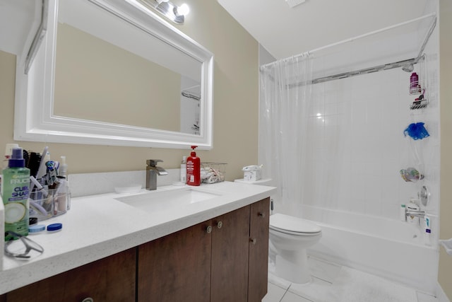 full bathroom with tile patterned floors, shower / bath combo, toilet, and vanity