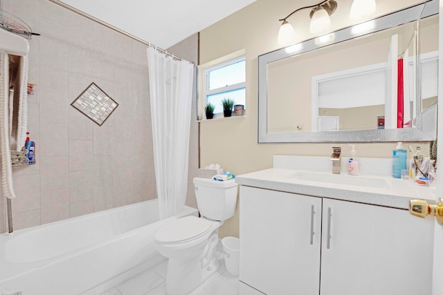 full bathroom featuring vanity, shower / tub combo with curtain, tile patterned flooring, and toilet