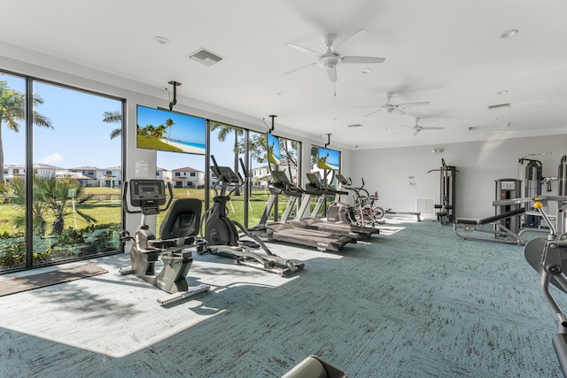 exercise room with carpet flooring and ceiling fan