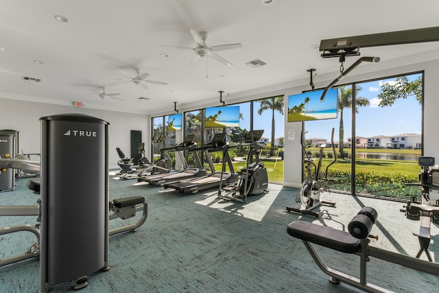 exercise room with carpet floors and ceiling fan