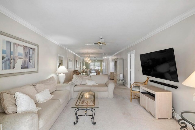 living room featuring crown molding, light carpet, and ceiling fan with notable chandelier