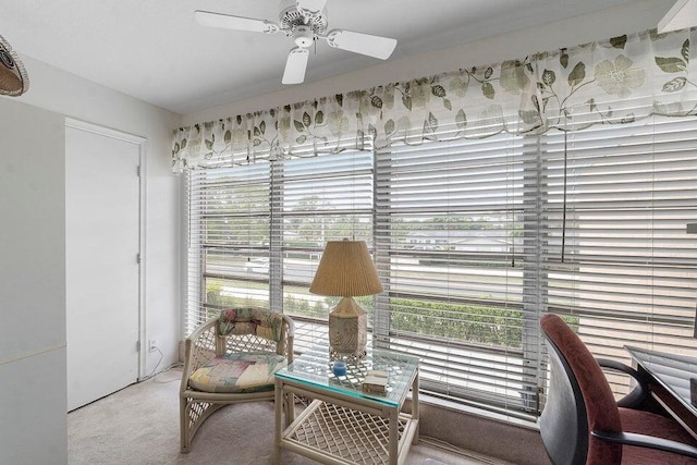 living area with carpet flooring and ceiling fan