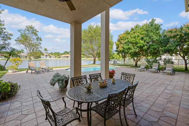 view of patio / terrace featuring a fenced in pool and ceiling fan