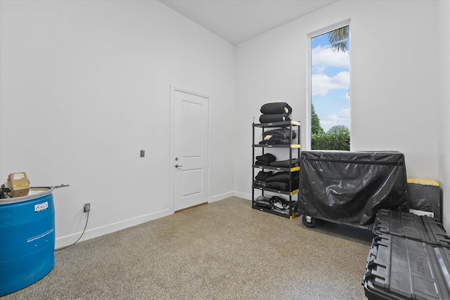 interior space with dark colored carpet