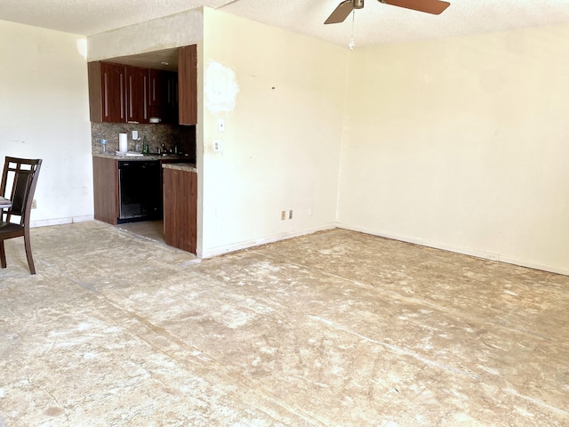 kitchen with backsplash, a textured ceiling, dishwasher, and ceiling fan