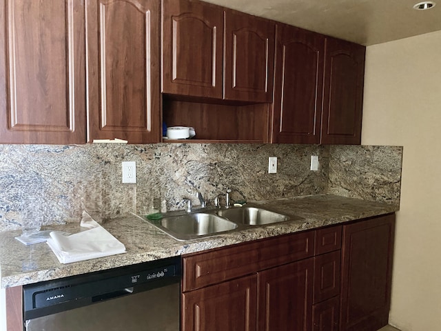 kitchen with sink, stone countertops, tasteful backsplash, and dishwasher