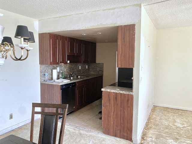 kitchen with decorative backsplash, dark brown cabinets, light tile patterned floors, a textured ceiling, and dishwasher