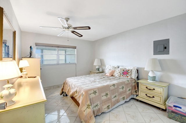 bedroom featuring light tile flooring and ceiling fan