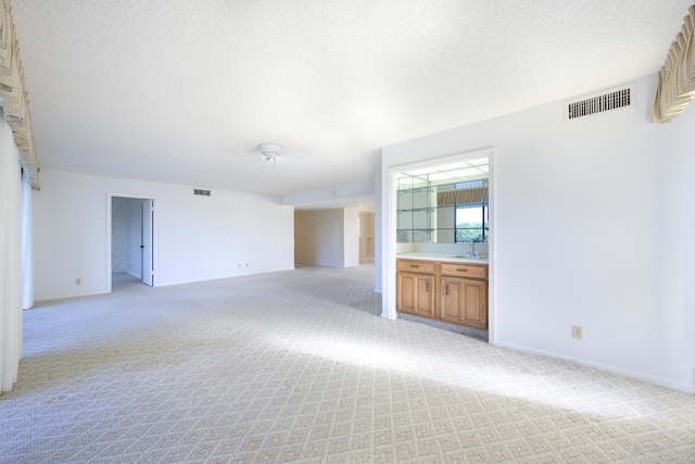 carpeted spare room featuring a textured ceiling and sink