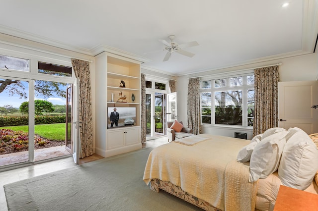 bedroom featuring ceiling fan, access to outside, and crown molding